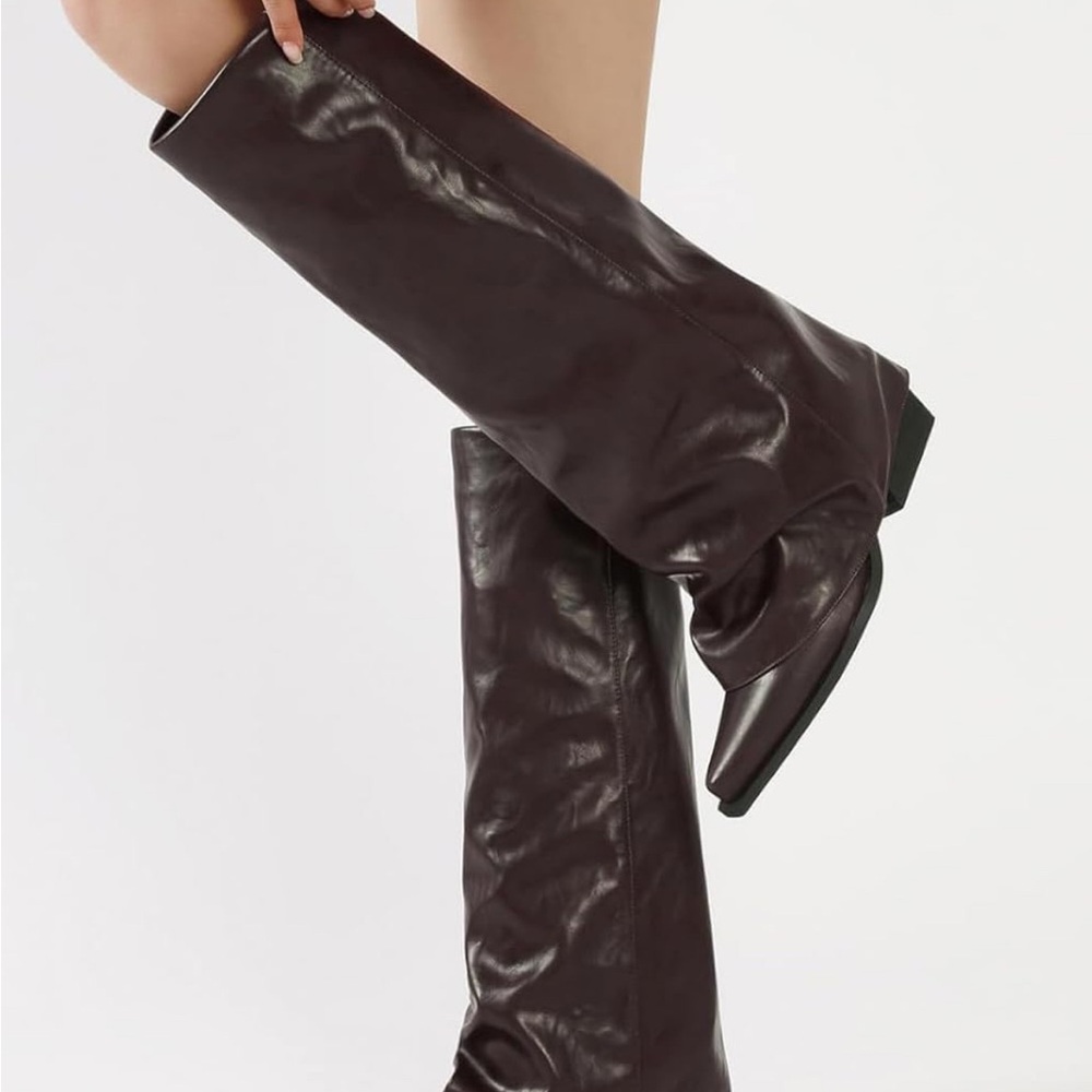 Fold Over Knee High Wide Calf Chunky Heel Long Boots Pointed Toe - Picture 5 of 6